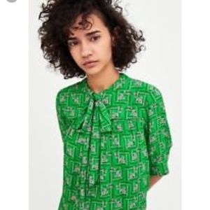 Zara Green Flowy Blouse with Pussy Bow